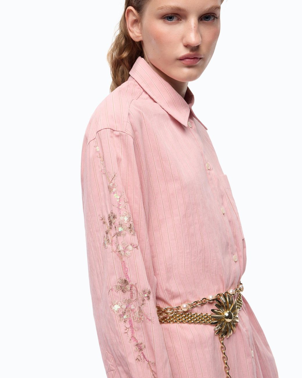 Pinko Pink Long Striped Chemisier Dress With Floral Embroidery