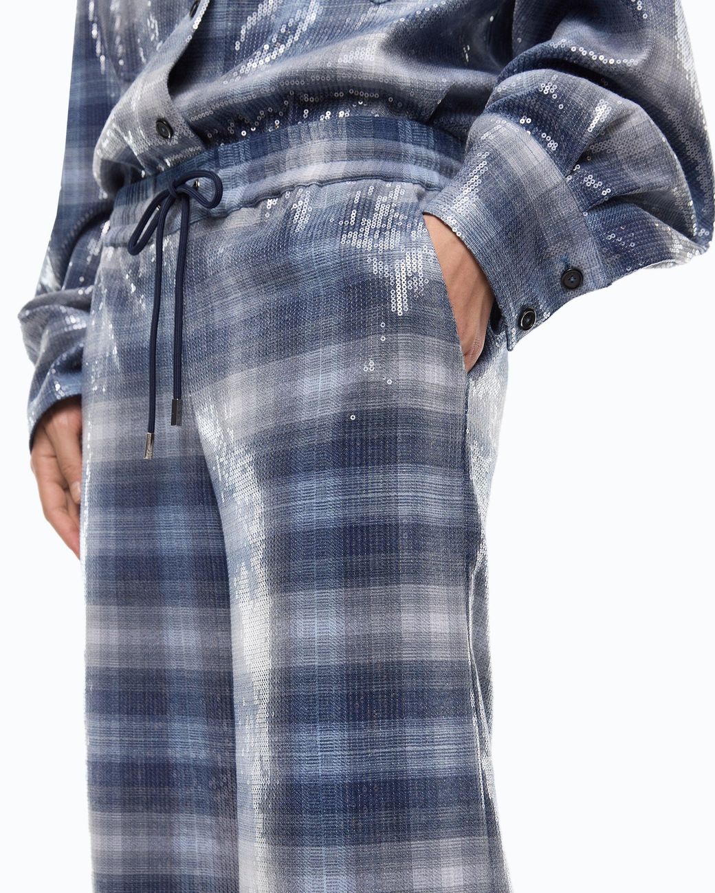 Pinko Blue Palazzo Trousers With Check Pattern And Sequins