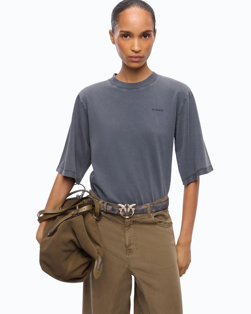 Pinko Blue Faded-Effect T-Shirt With Love Birds Logo
