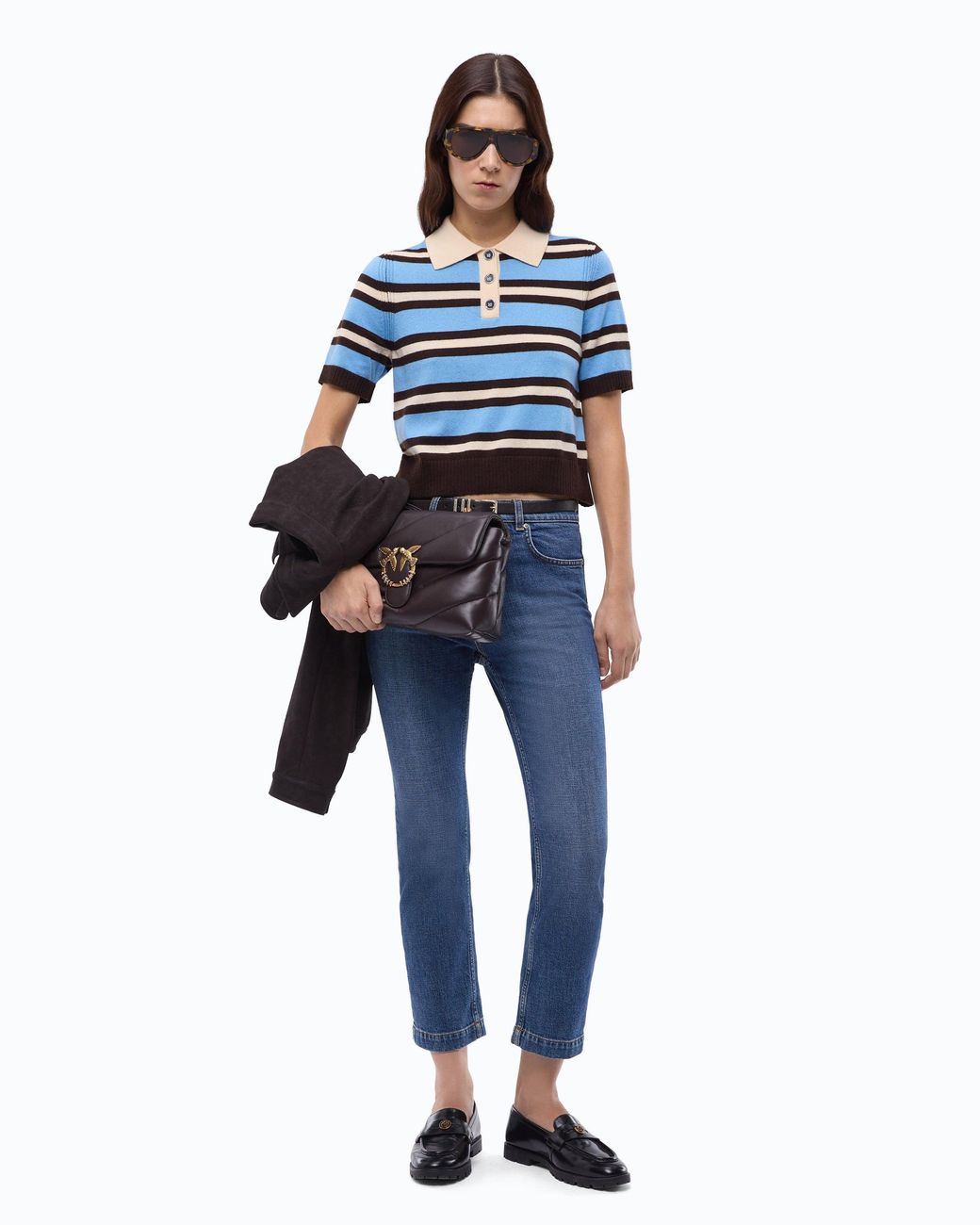Pinko Blue Wool And Cashmere Cropped Polo Shirt