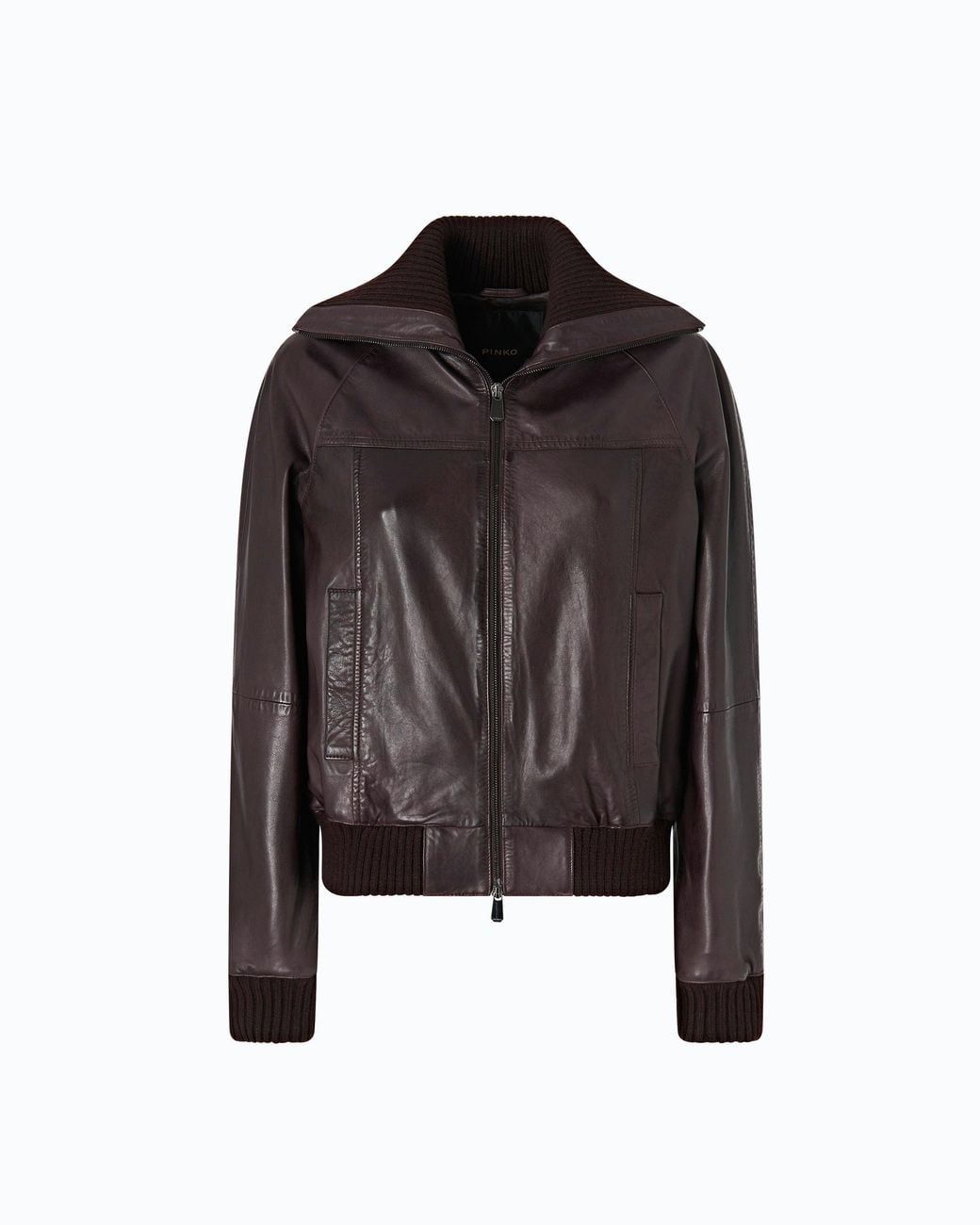 Pinko Black Leather Bomber Jacket With Fold-Down Collar