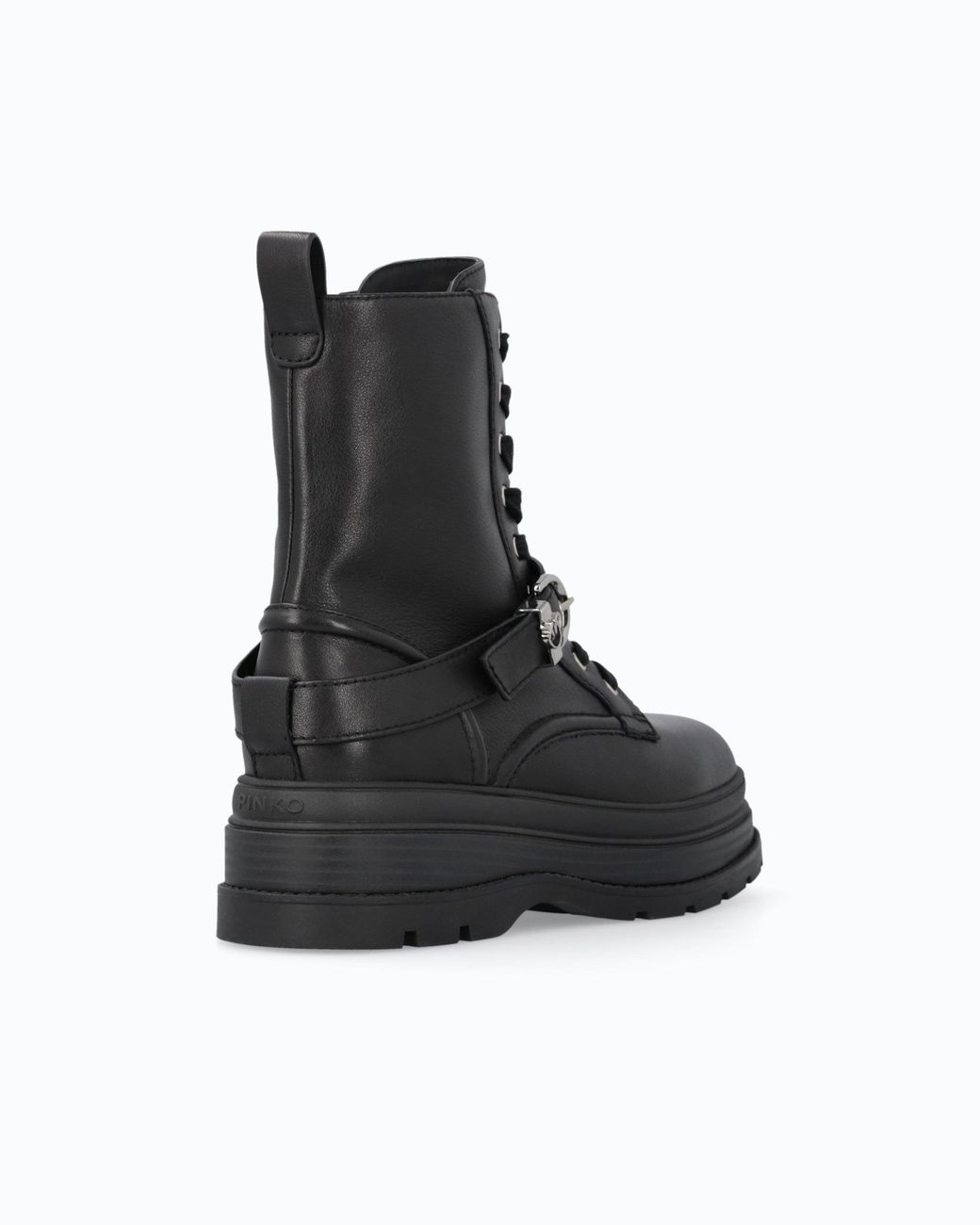 Pinko Black Leather Combat Boots With Strap