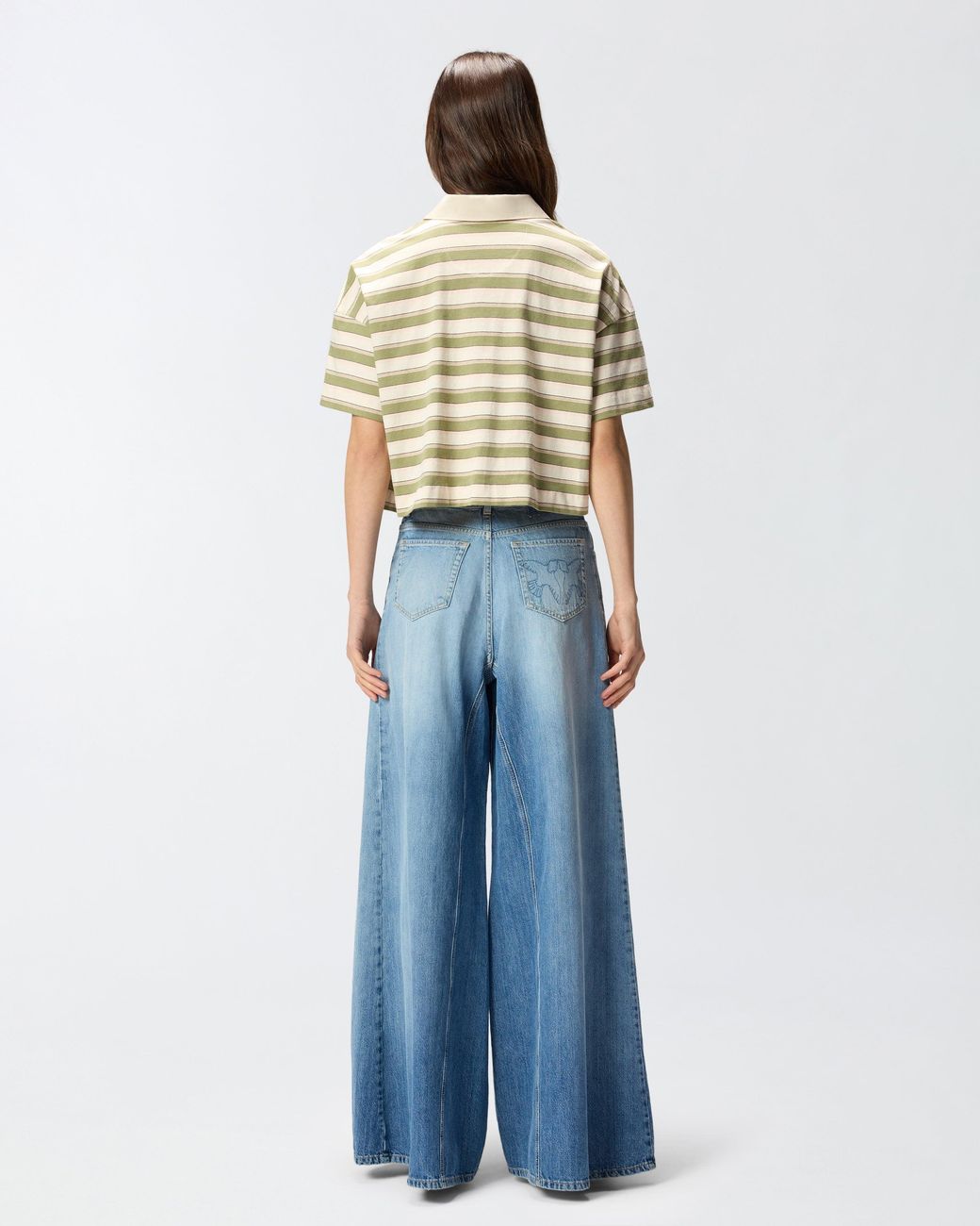 Pinko White Cropped Striped Jersey Polo With Structured Collar