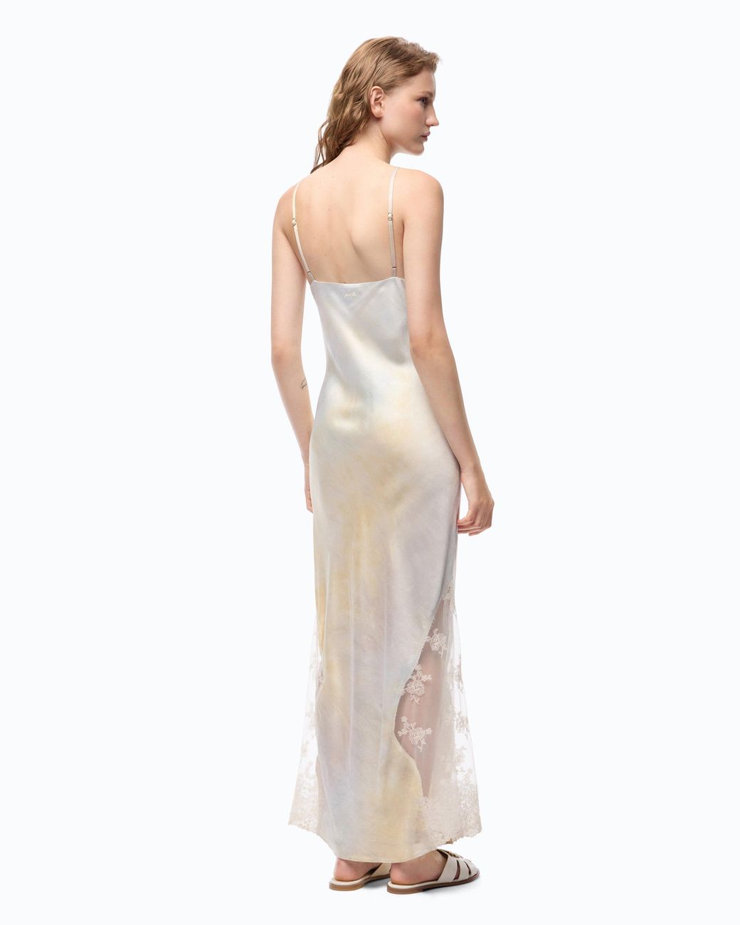 Pinko White Satin Dress With Shaded Color And Lace Insert