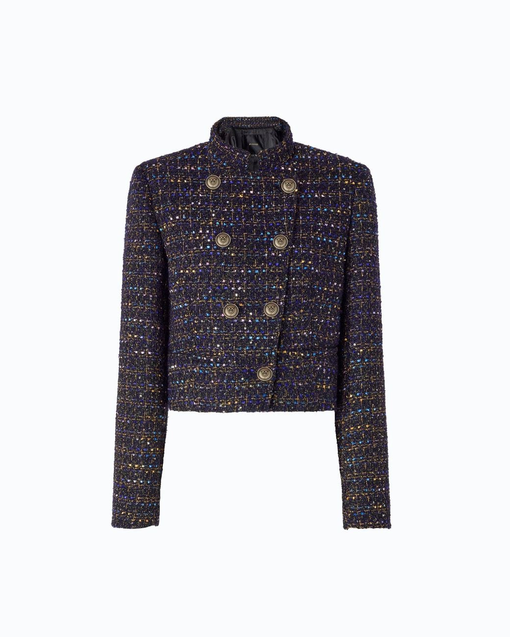 Pinko Blue Cropped Bouclé Tweed Jacket With Metal Buttons