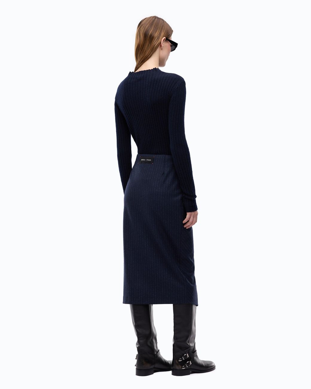Pinko Blue Wool Midi Dress With Pinstriped Skirt