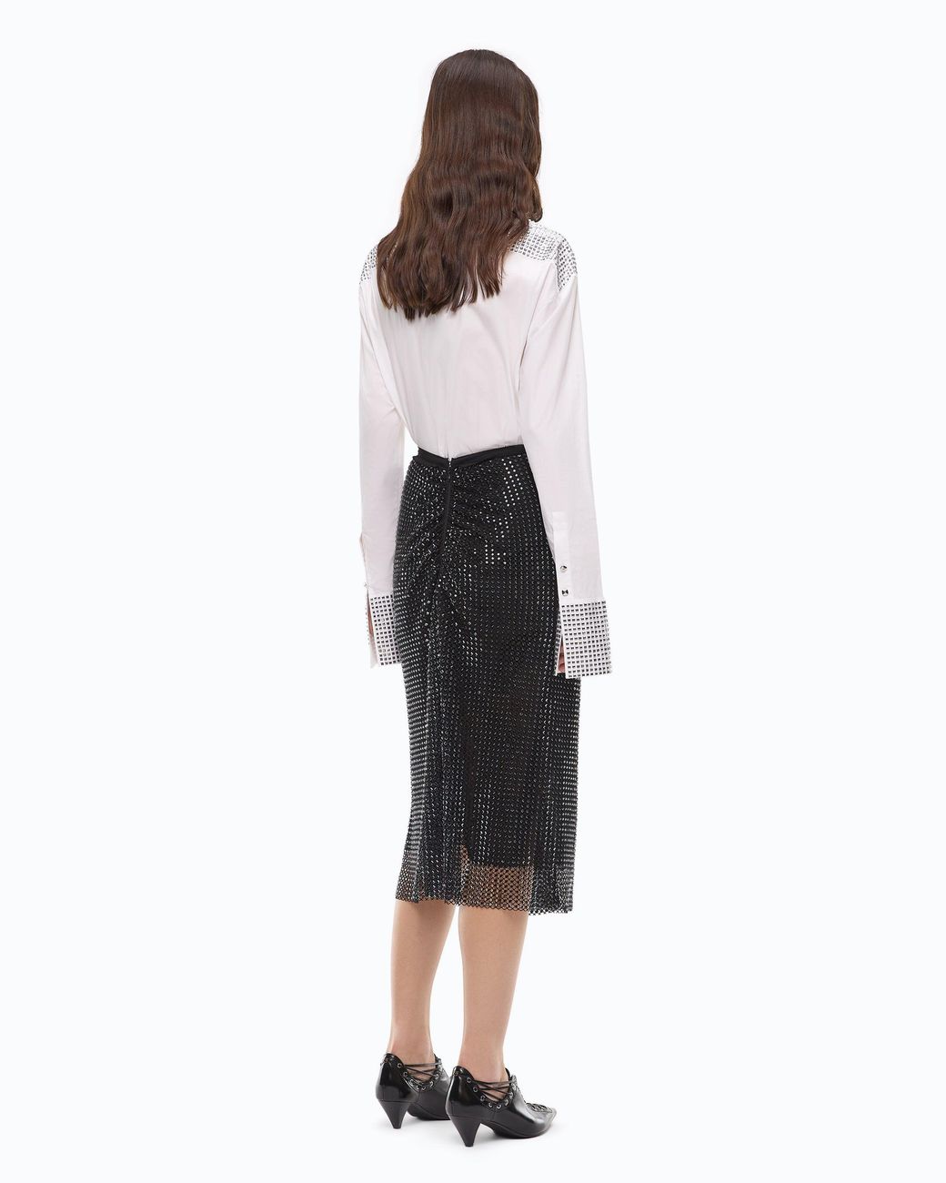 Pinko Black Mesh-Effect Calf-Length Skirt With Rhinestones