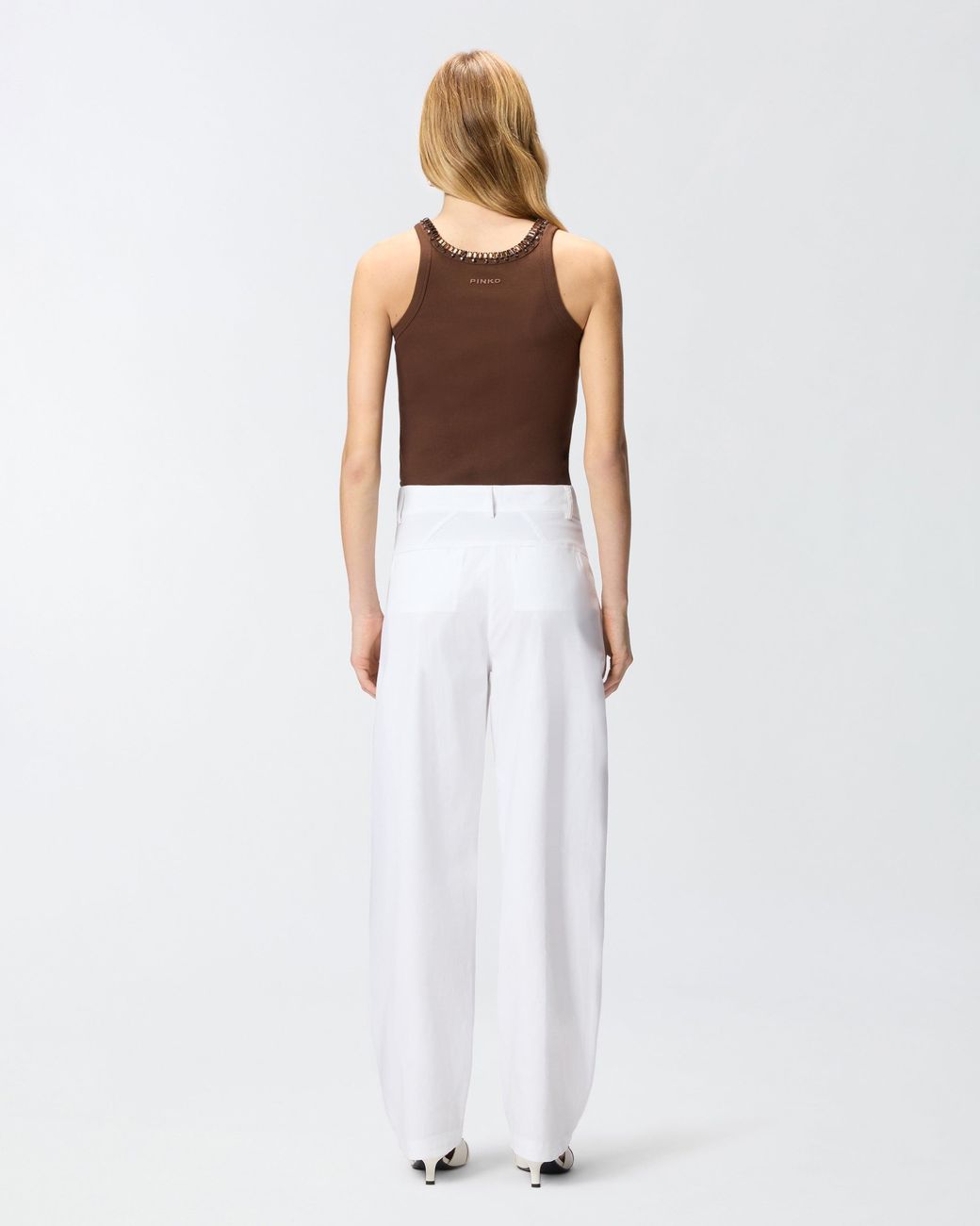 Pinko Brown Ribbed Top With Bejewelled Embellishment
