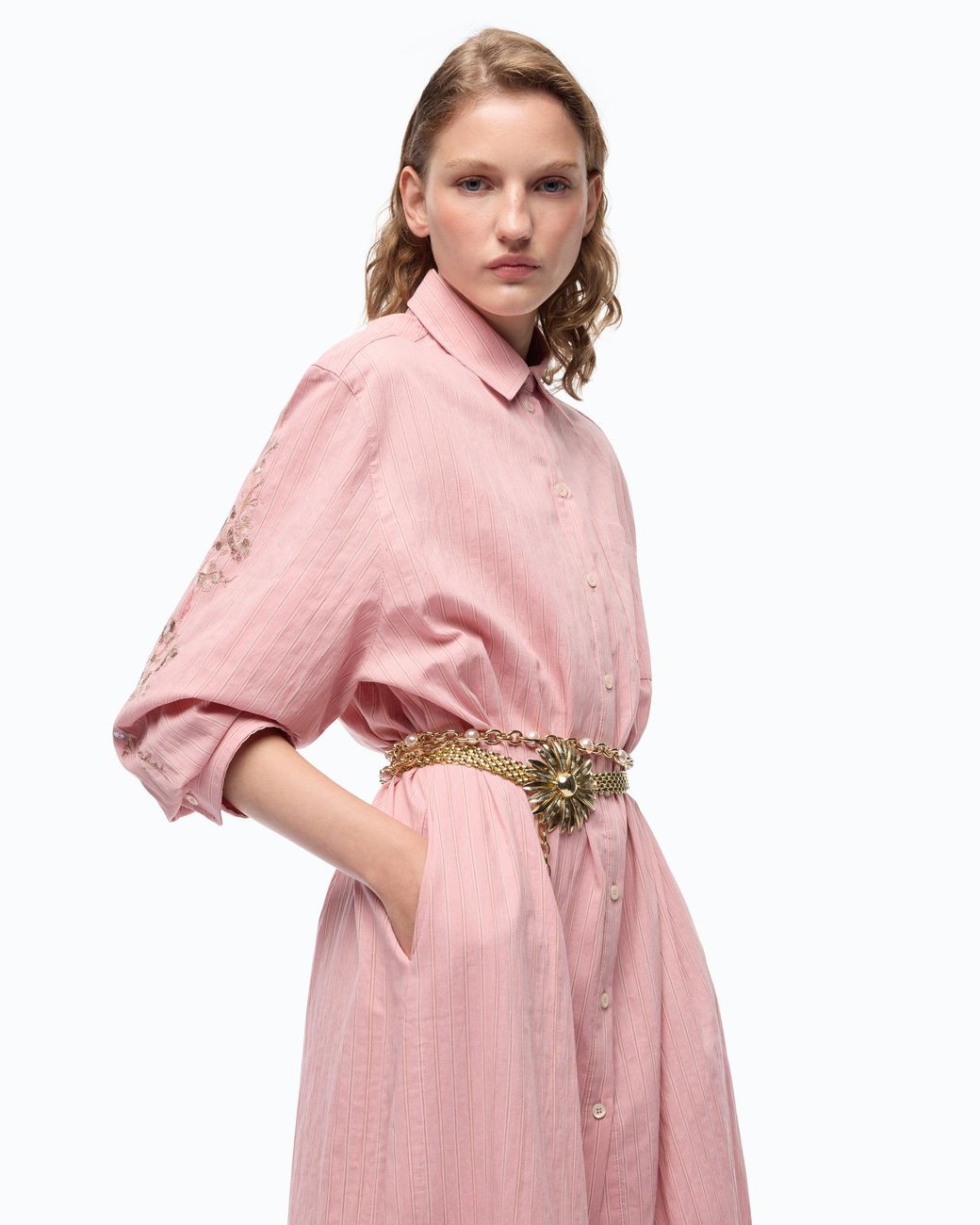 Pinko Pink Long Striped Chemisier Dress With Floral Embroidery