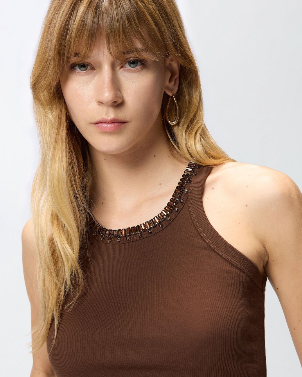 Pinko Brown Ribbed Top With Bejewelled Embellishment