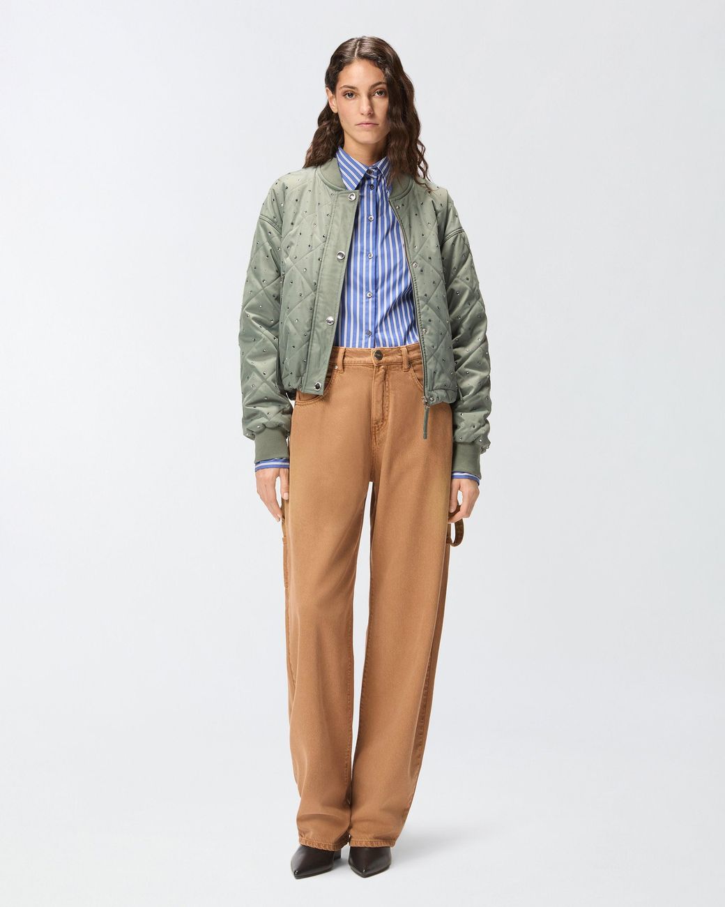 Pinko Green Quilted Bomber Jacket With Rhinestones And Studs