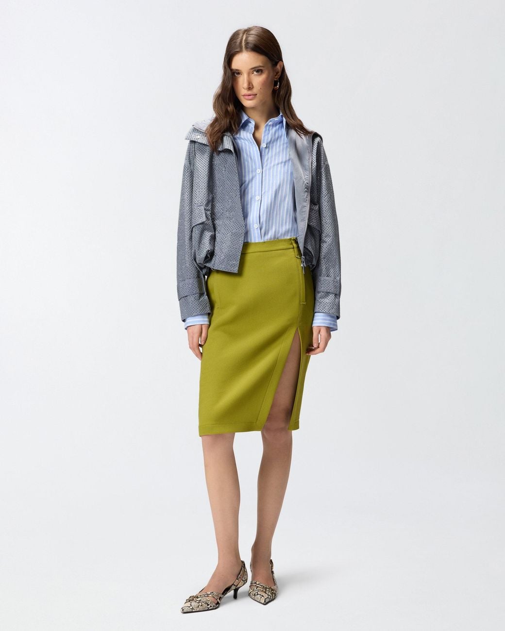 Pinko Green Slim-Fitting Calf-Length Skirt With Slit