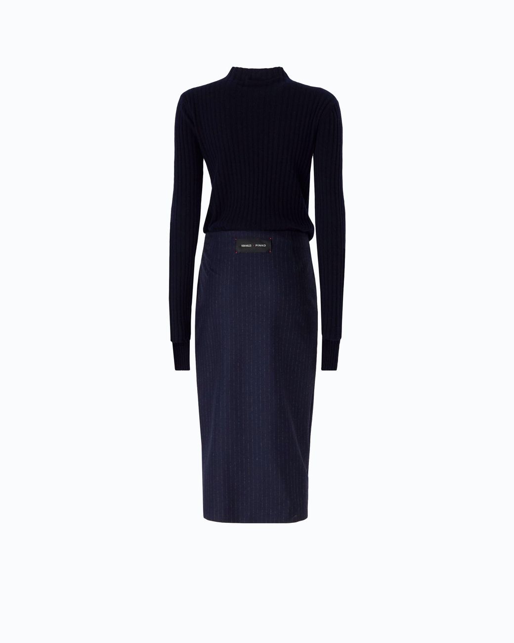 Pinko Blue Wool Midi Dress With Pinstriped Skirt