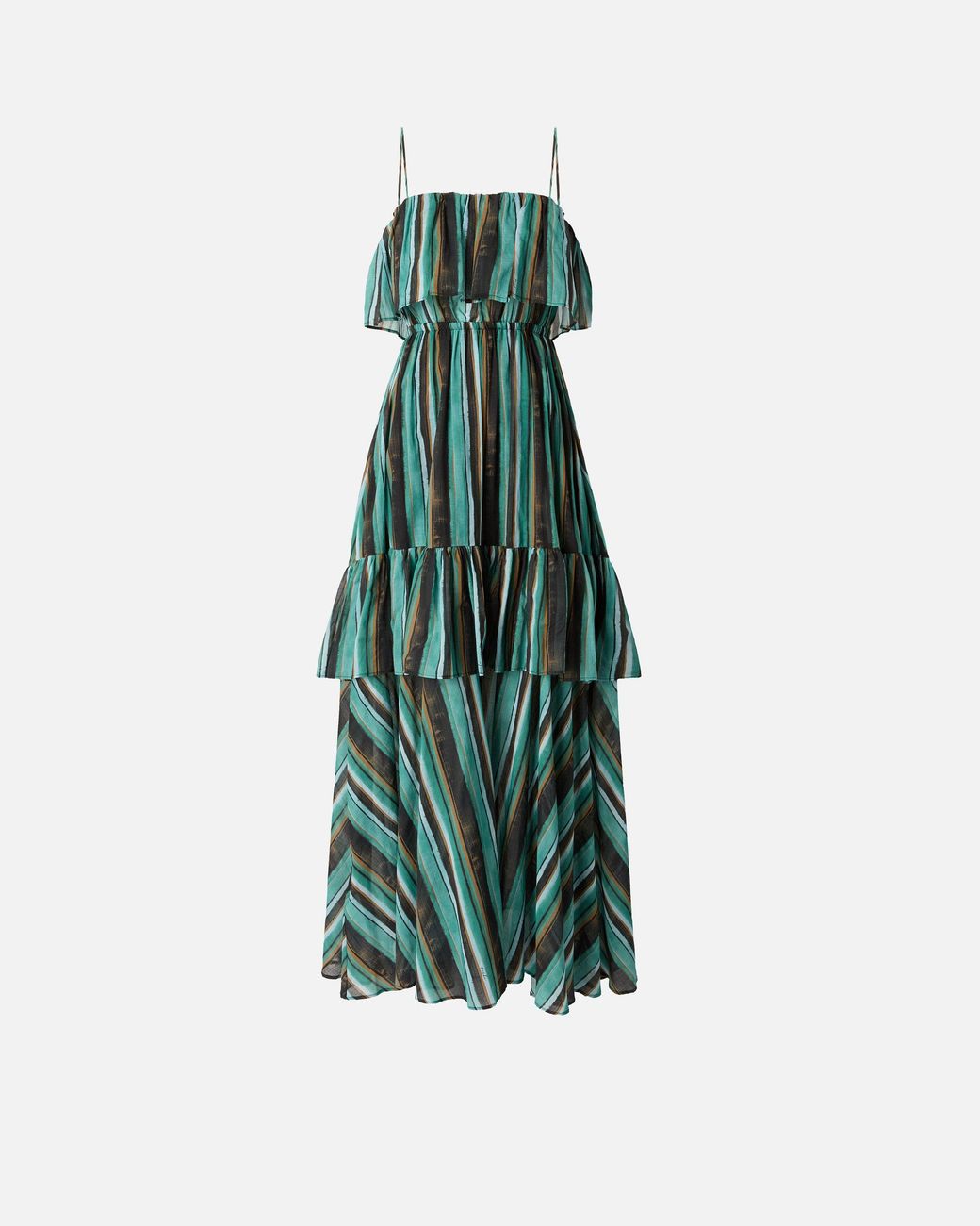Pinko Green Long Muslin Dress With Brushed Striped Print