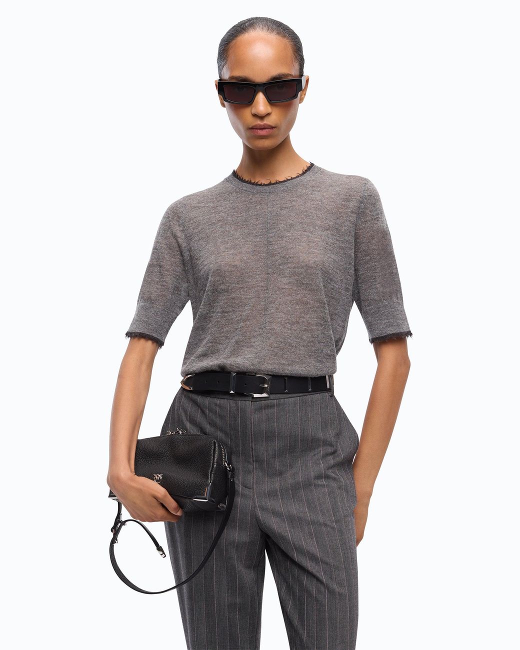 Pinko Gray Short-Sleeved T-Shirt With Frayed Edges