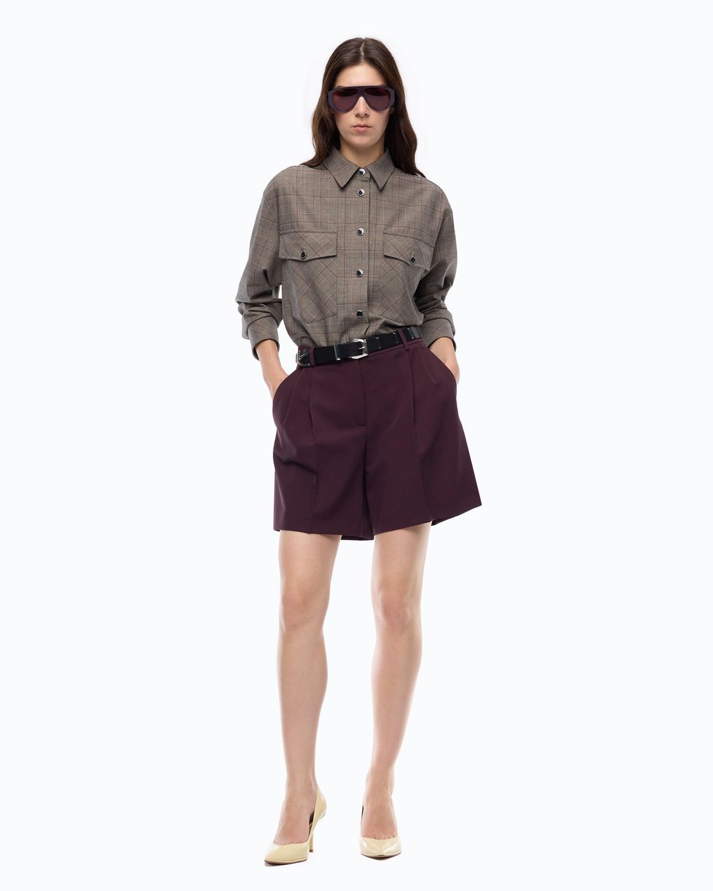 Pinko Gray Check Wool-Blend Cropped Overshirt