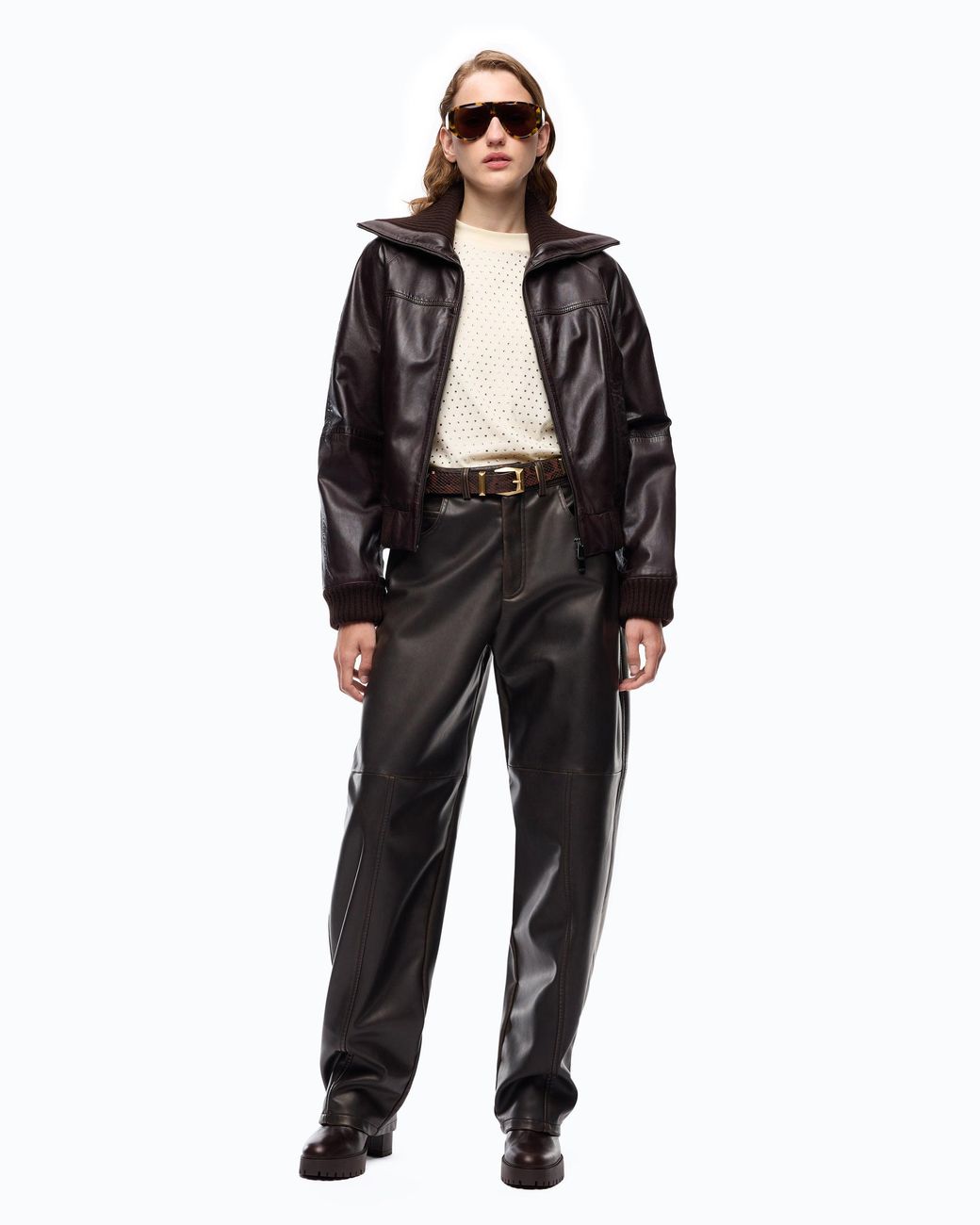 Pinko Black Leather Bomber Jacket With Fold-Down Collar