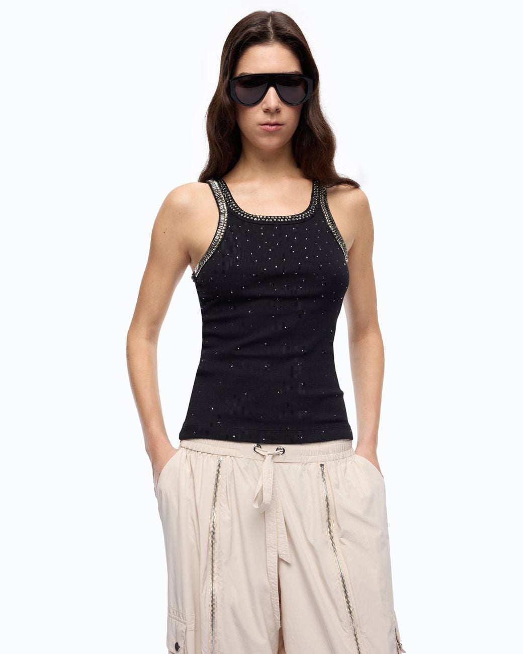 Pinko Black Ribbed Top With Bejewelled Embellishment