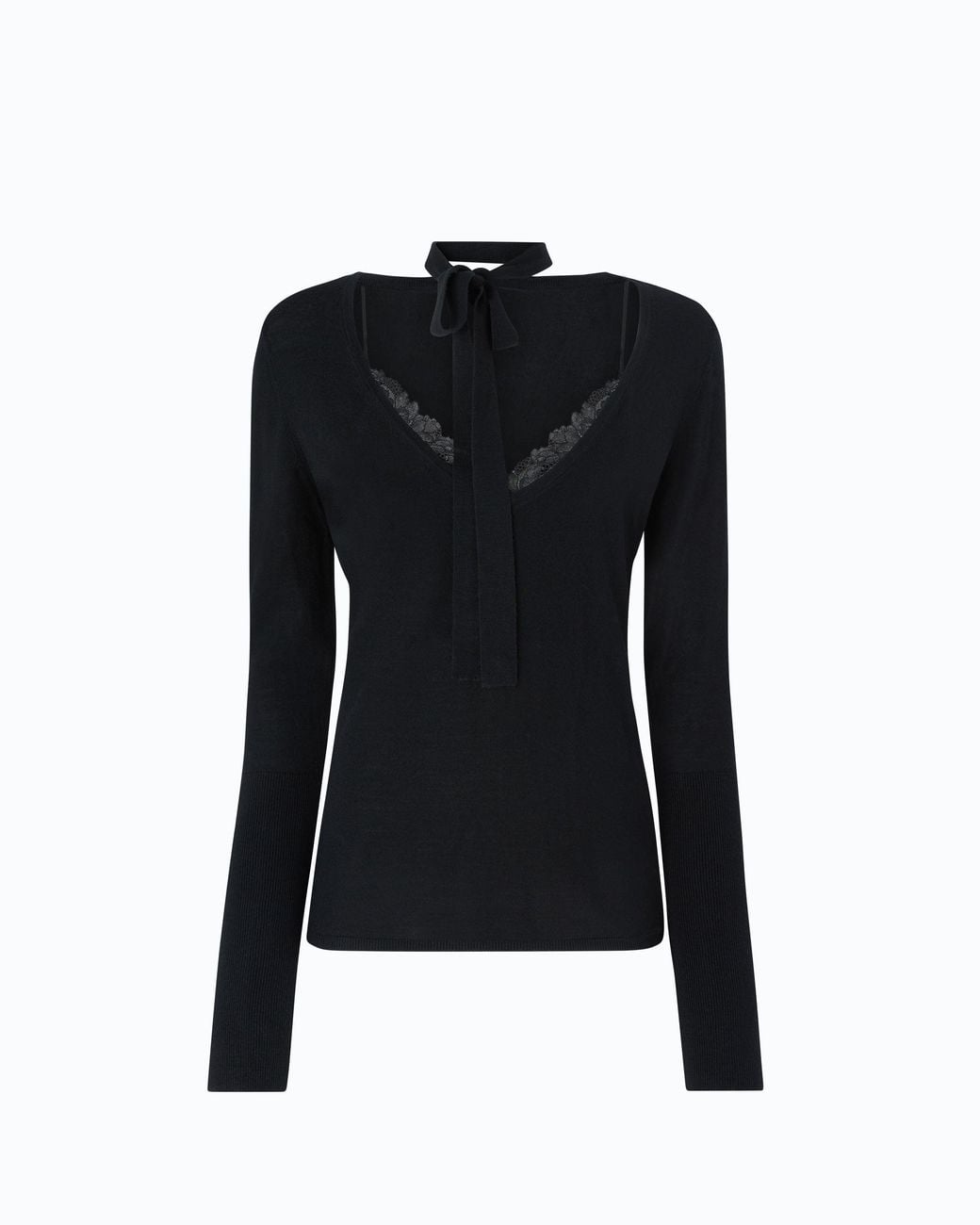 Pinko Black Wool Sweater With Lace And Sash
