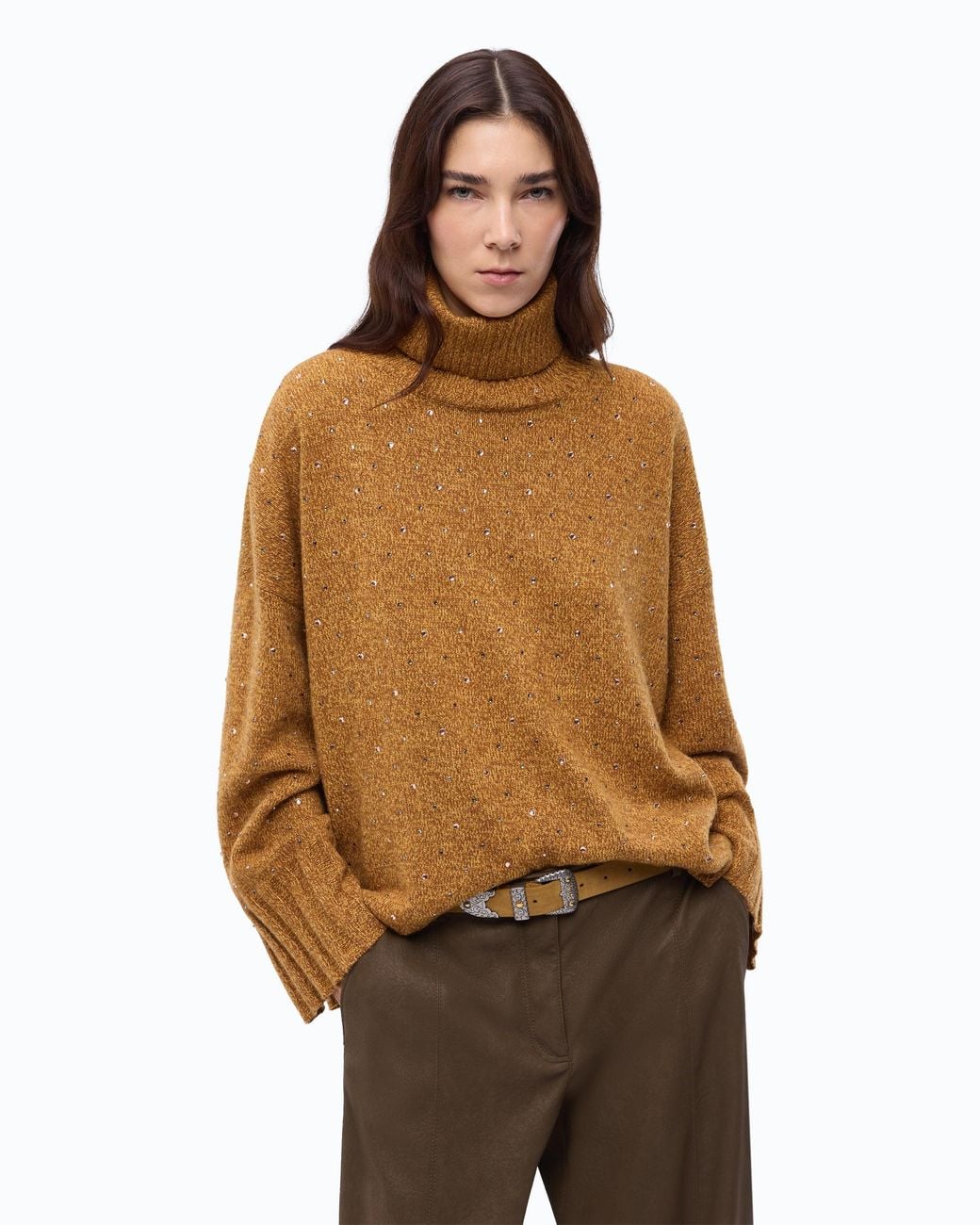 Pinko Brown Fully Rhinestoned Wool-Blend Turtleneck Sweater