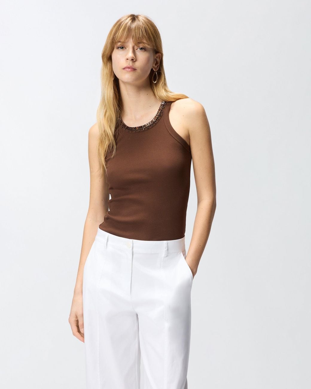 Pinko Brown Ribbed Top With Bejewelled Embellishment