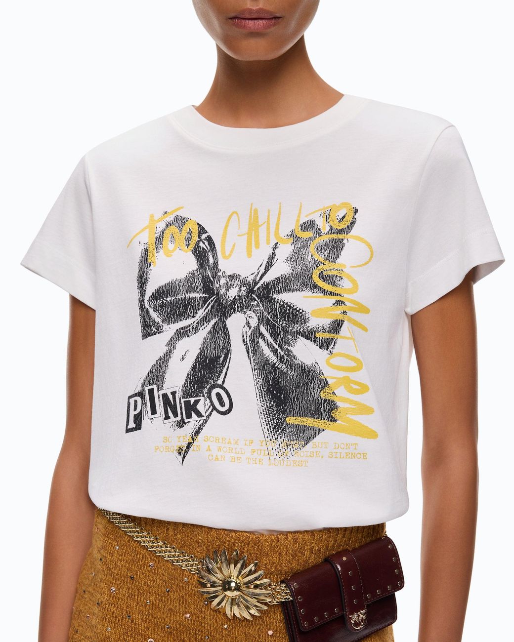 Pinko White T-Shirt With Too Chill To Conform Bow Print