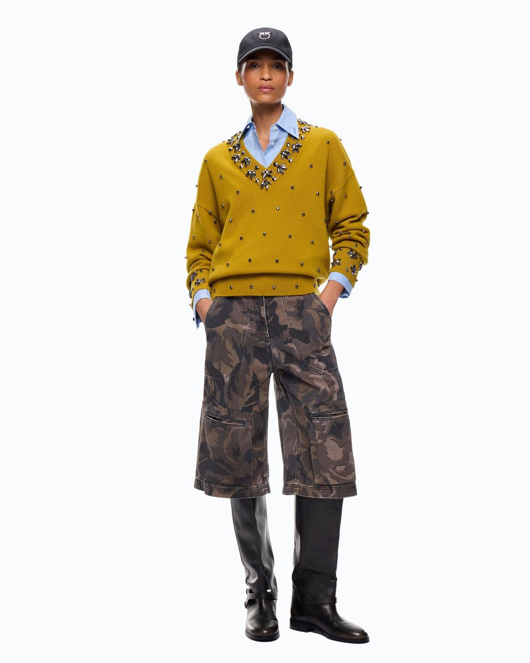 Pinko Gray Cotton Bermuda Shorts With Floral Camouflage Motif