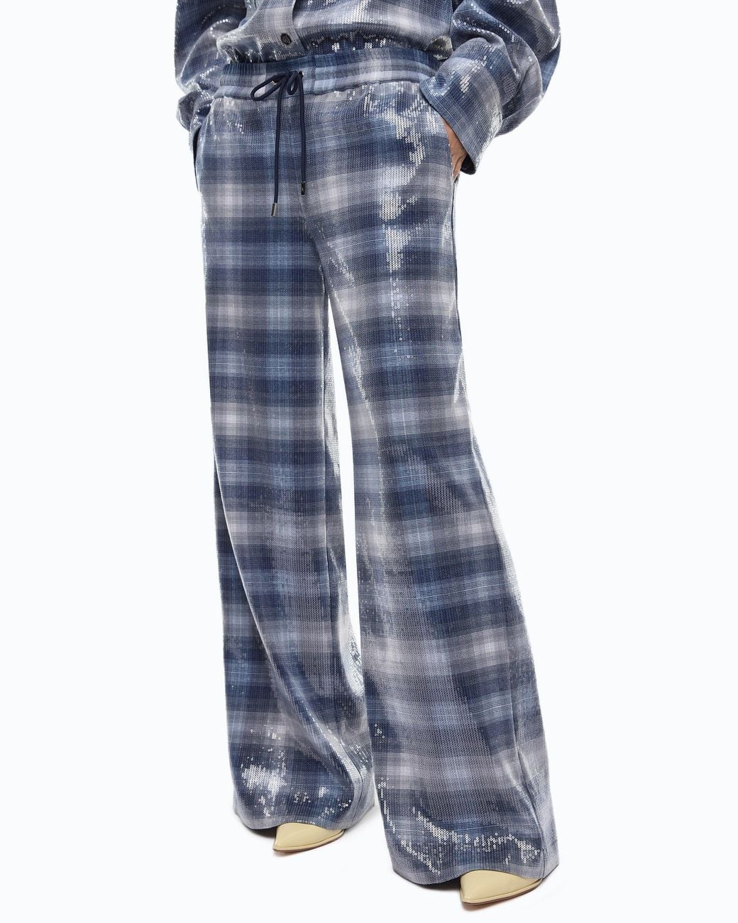 Pinko Blue Palazzo Trousers With Check Pattern And Sequins