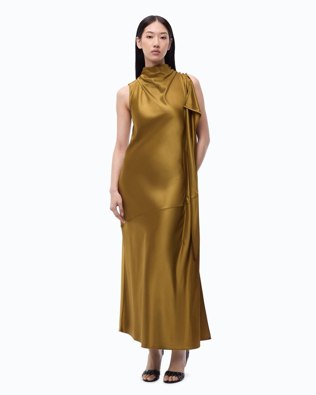 Pinko Metallic Long, One-Shoulder Satin Dress