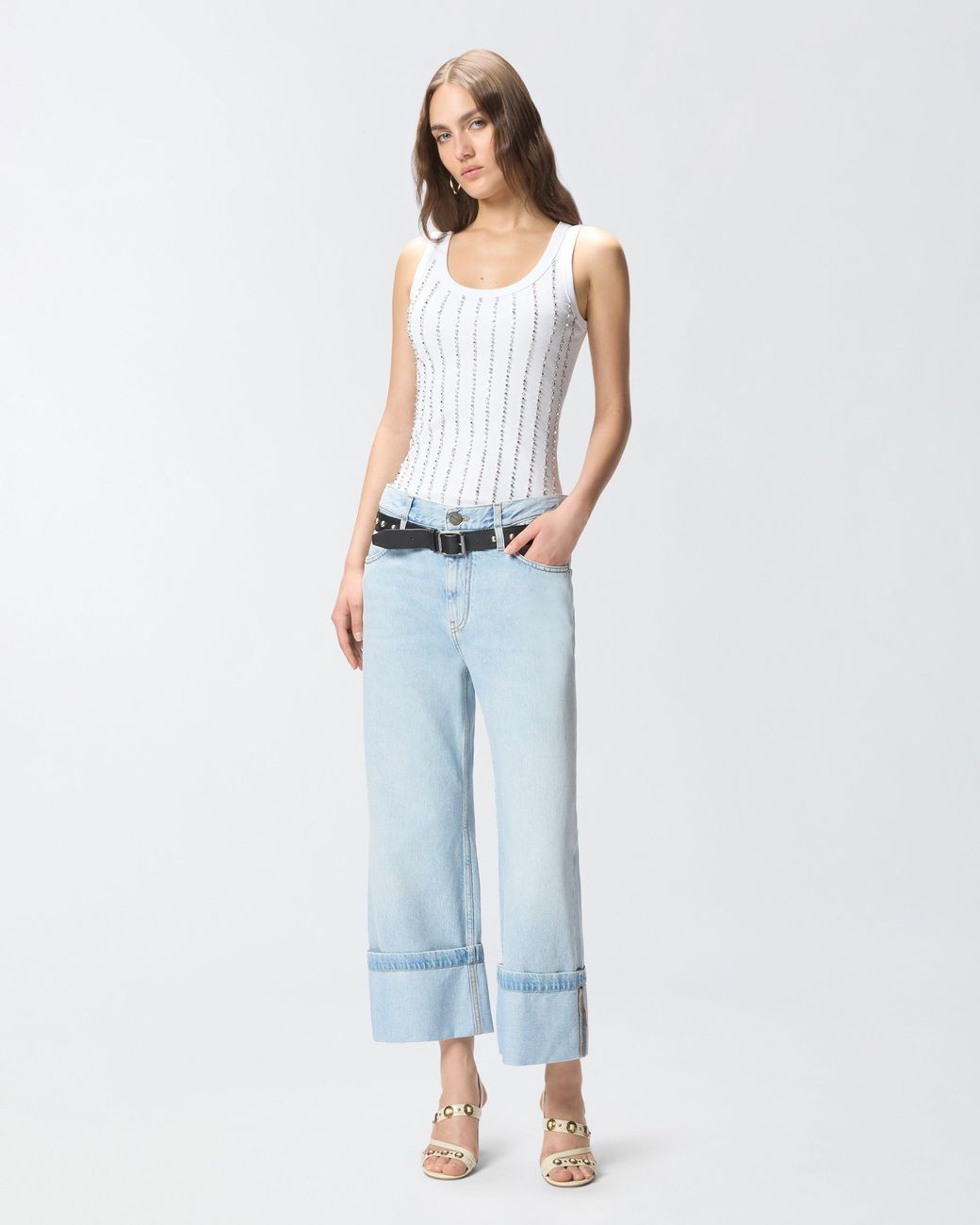 Pinko Blue Cropped Jeans With Leather Belt
