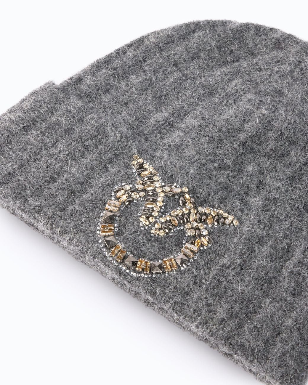 Pinko Gray Wool Beanie With Jewelled Love Birds Logo