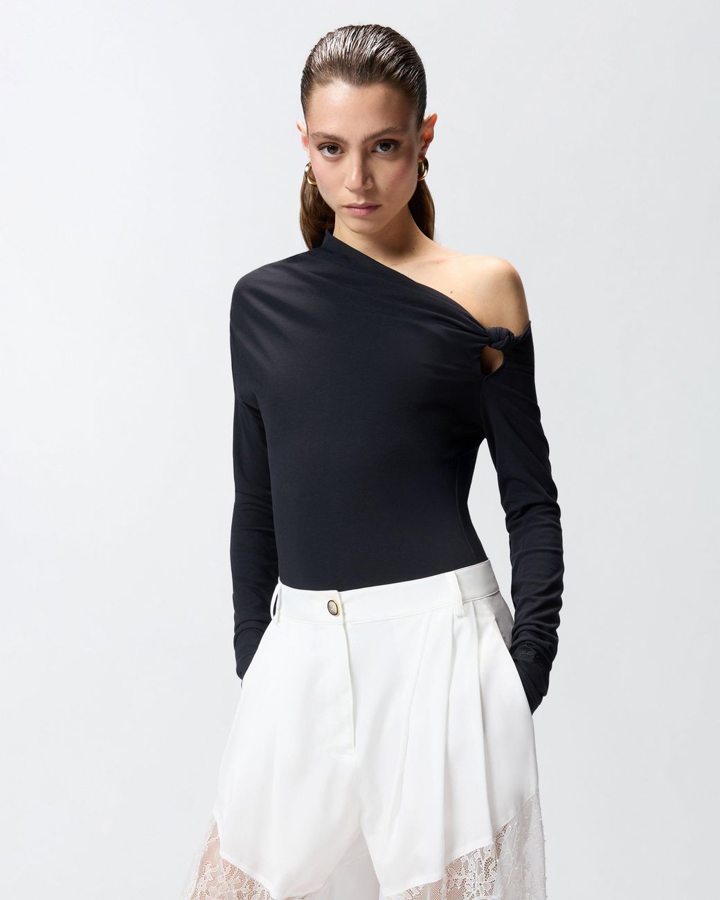 Pinko Black Bodysuit With Asymmetric Neckline