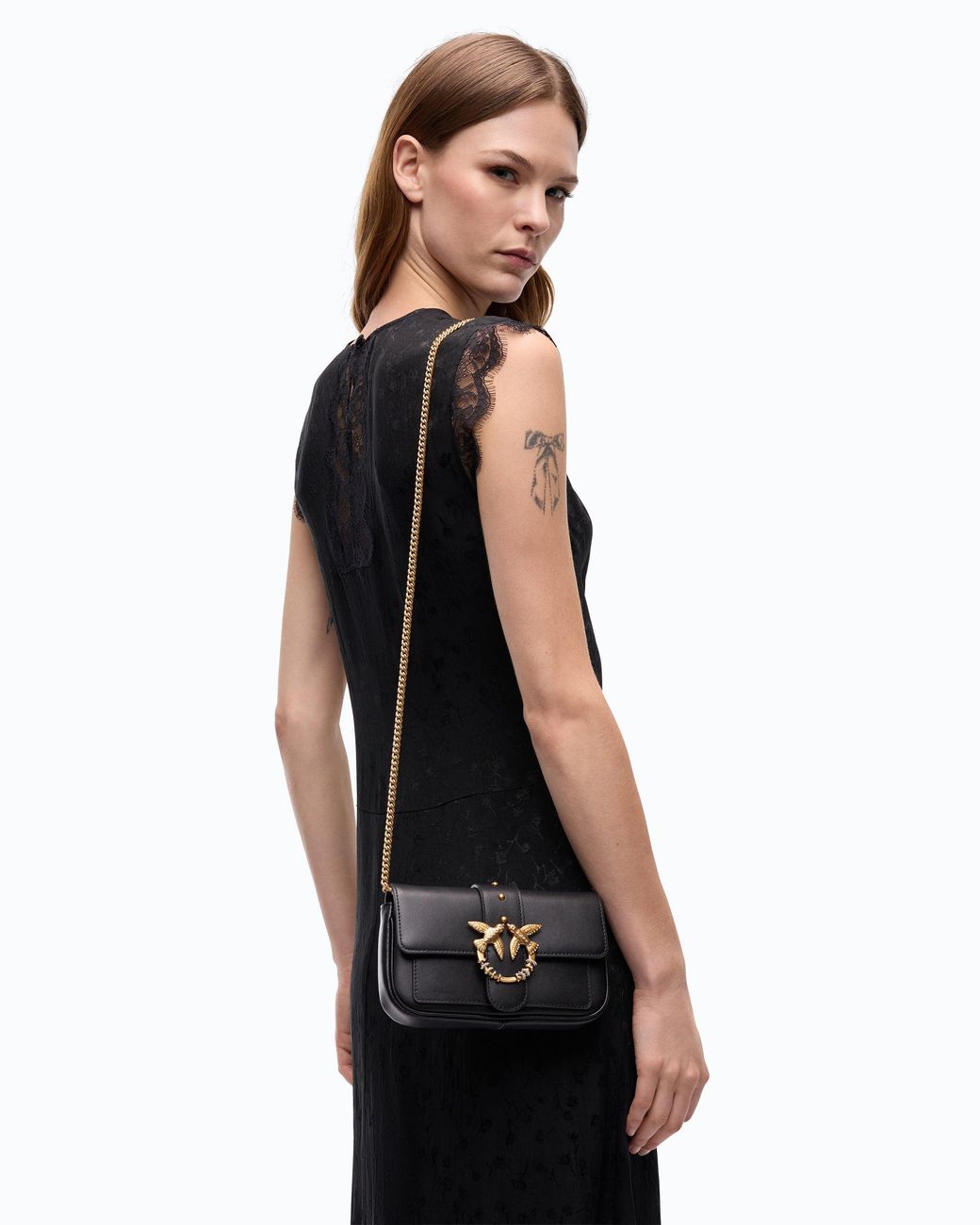 Pinko Black Love Bag Pocket Small Leather Shoulder Bag With Jewel Buckle