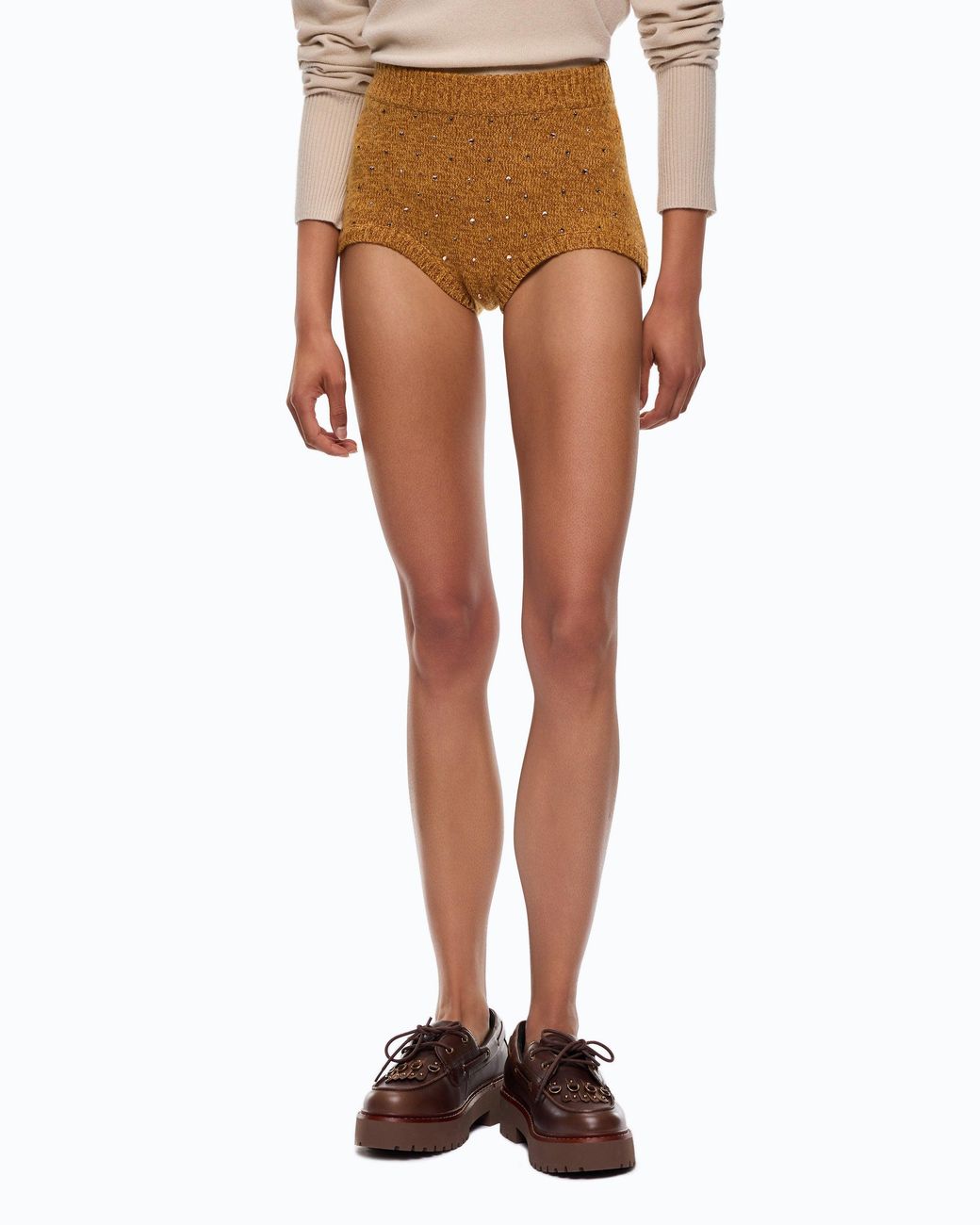 Pinko White Fully Rhinestoned Wool-Blend Shorts