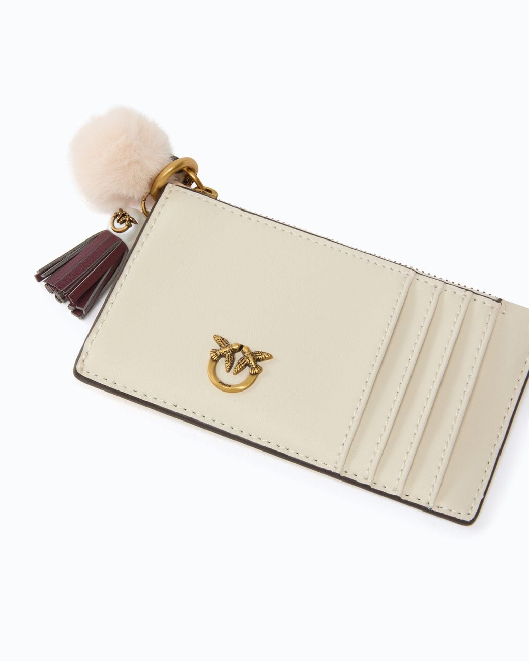 Pinko White Leather Card Holder With Tassel And Pompom