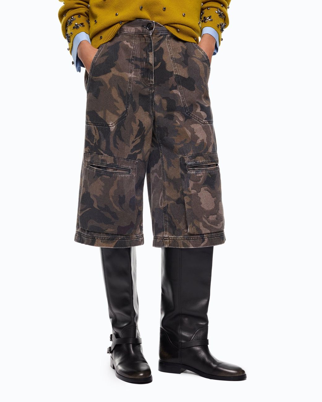 Pinko Gray Cotton Bermuda Shorts With Floral Camouflage Motif
