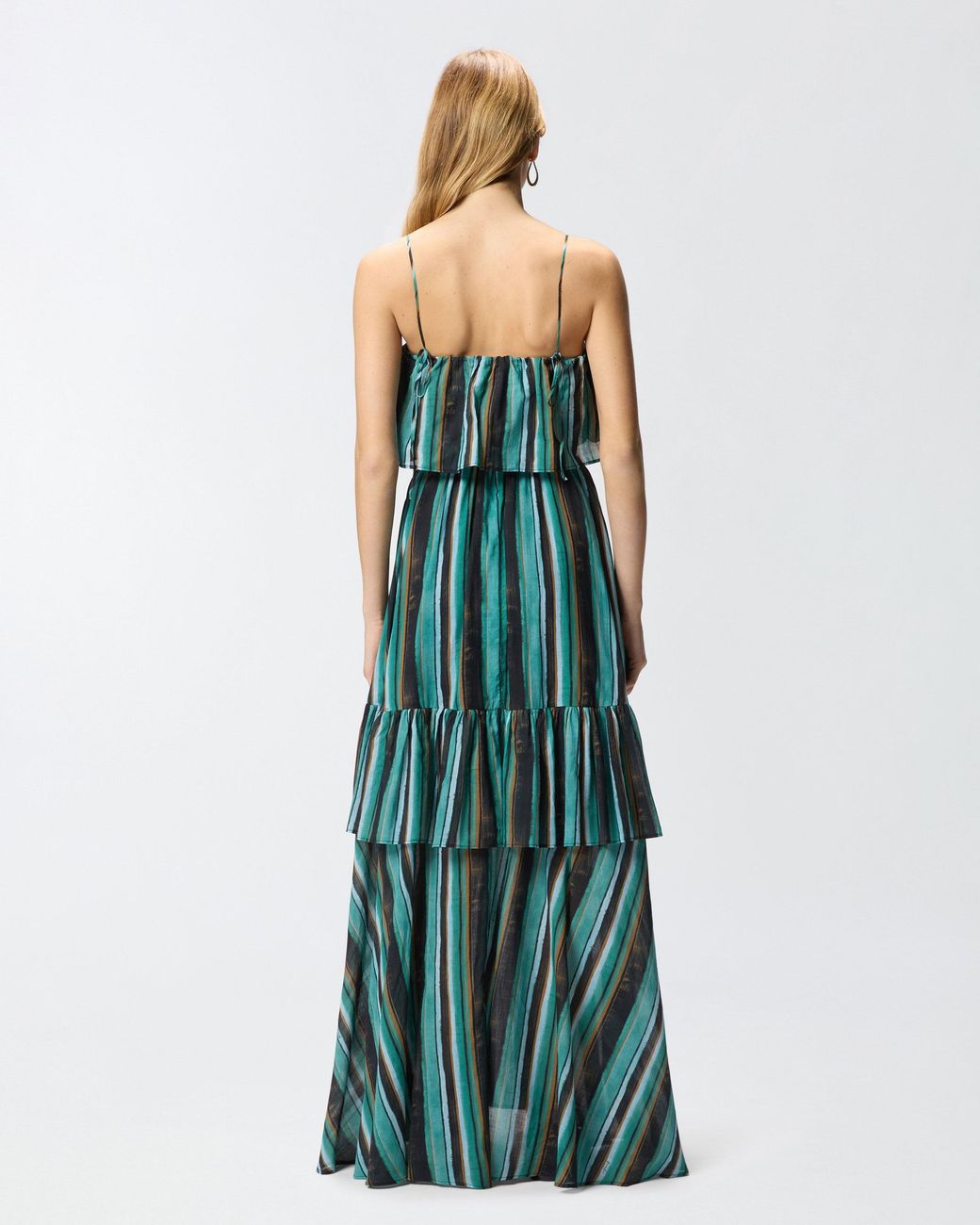 Pinko Green Long Muslin Dress With Brushed Striped Print