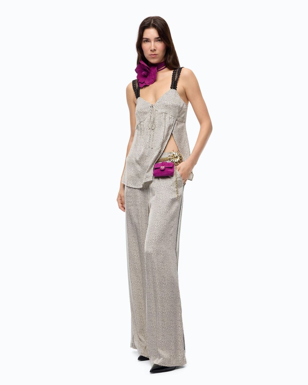 Pinko Gray Polka-Dot Lingerie Top With Lace