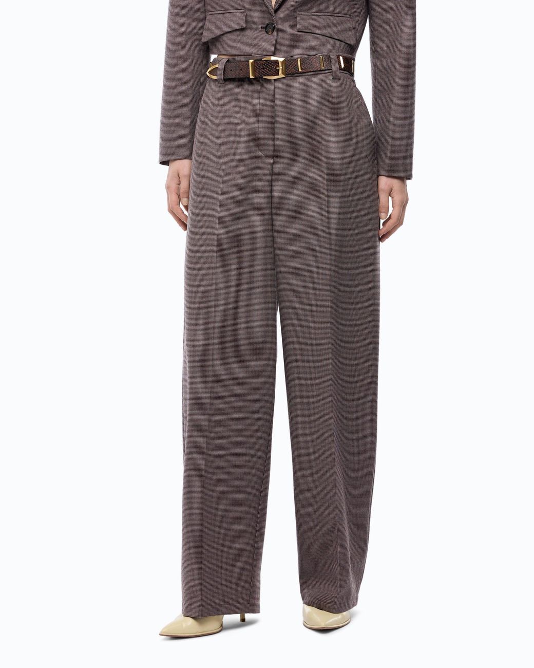 Pinko Brown Barrel-Fit Trousers With Micro Houndstooth Motif