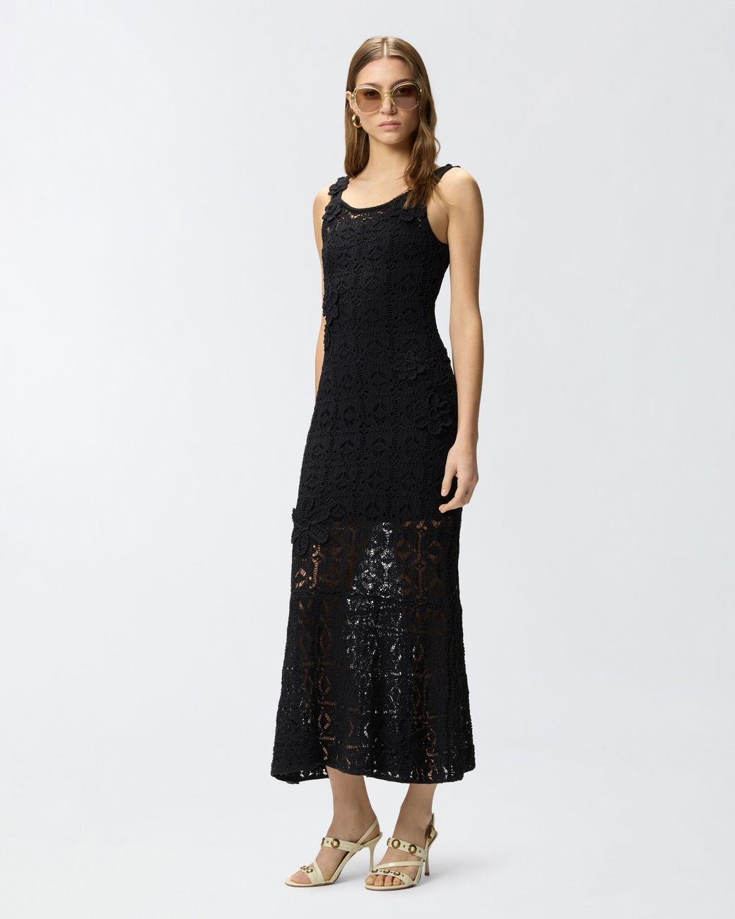 Pinko Blue Crochet-Effect Midi Dress With Appliqué Flowers