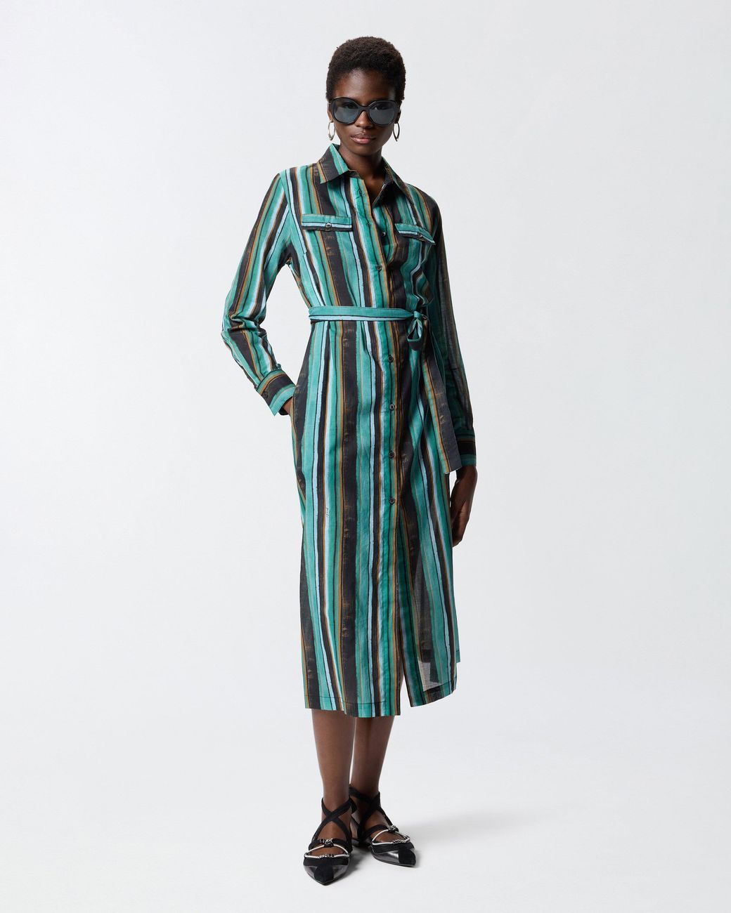 Pinko Green Cotton Midi Shirt Dress With Brushstroke-Effect Stripes