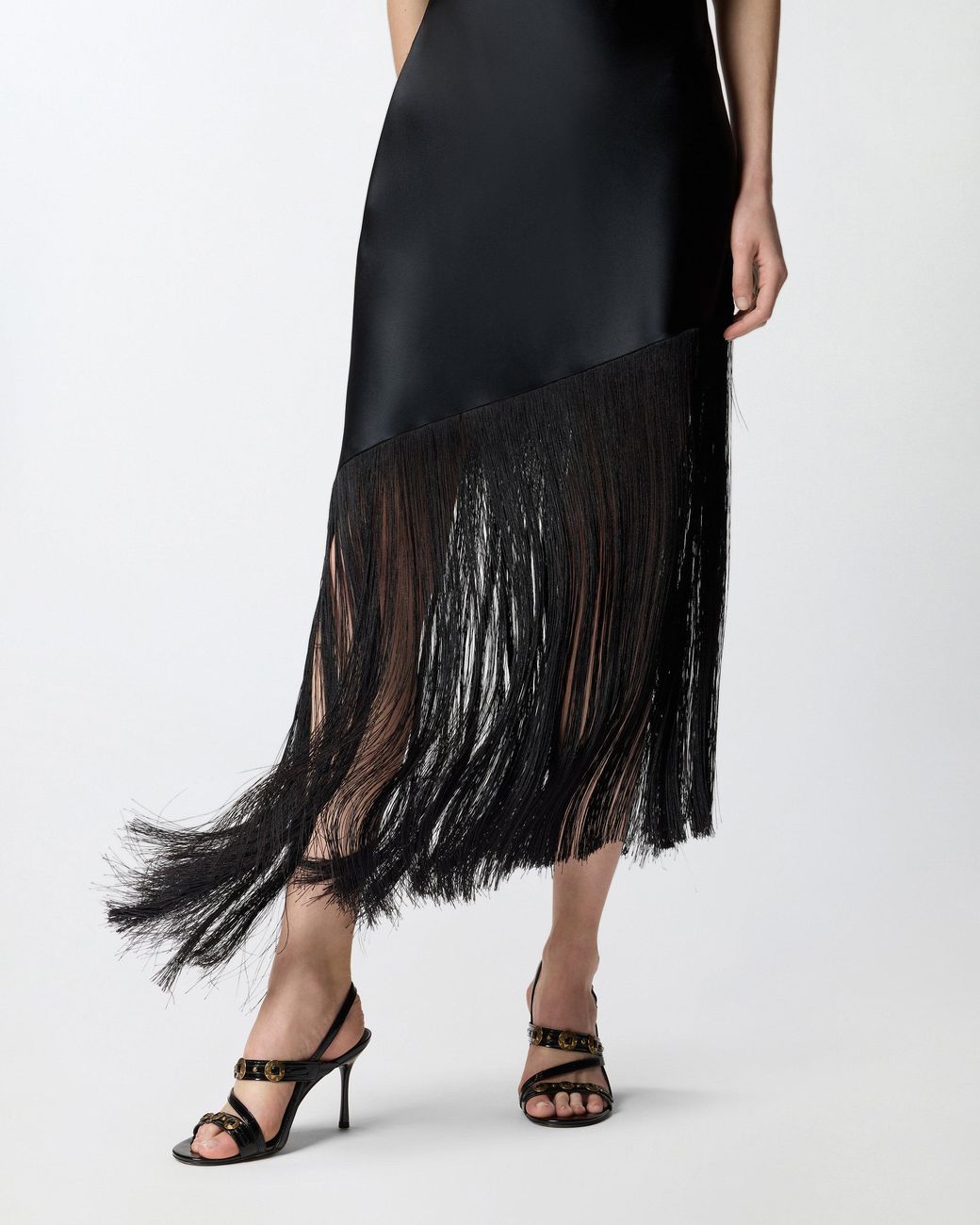 Pinko White Satin One-Shoulder Mini Dress With Fringing
