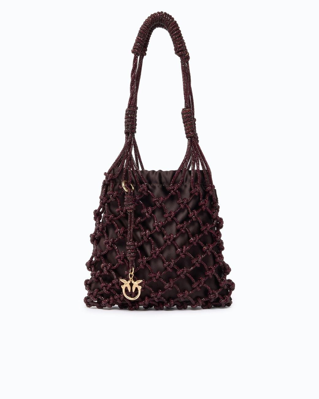 Pinko Brown Small Shoulder Bag With Micro Rhinestones