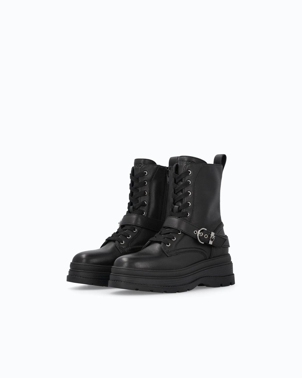 Pinko Black Leather Combat Boots With Strap