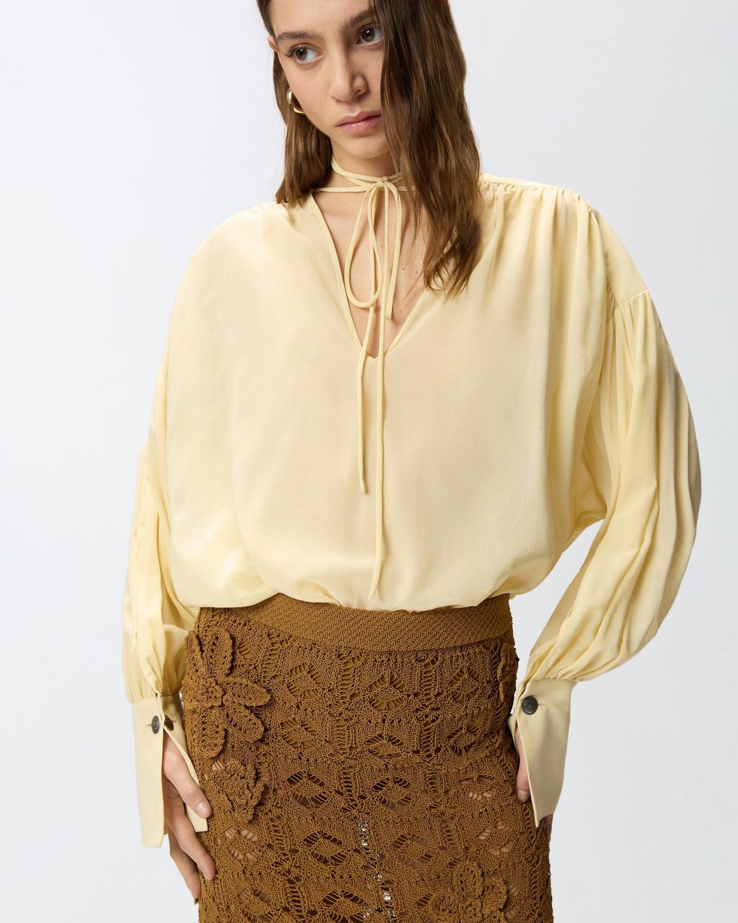 Pinko Natural V-Neck Blouse With Gathering