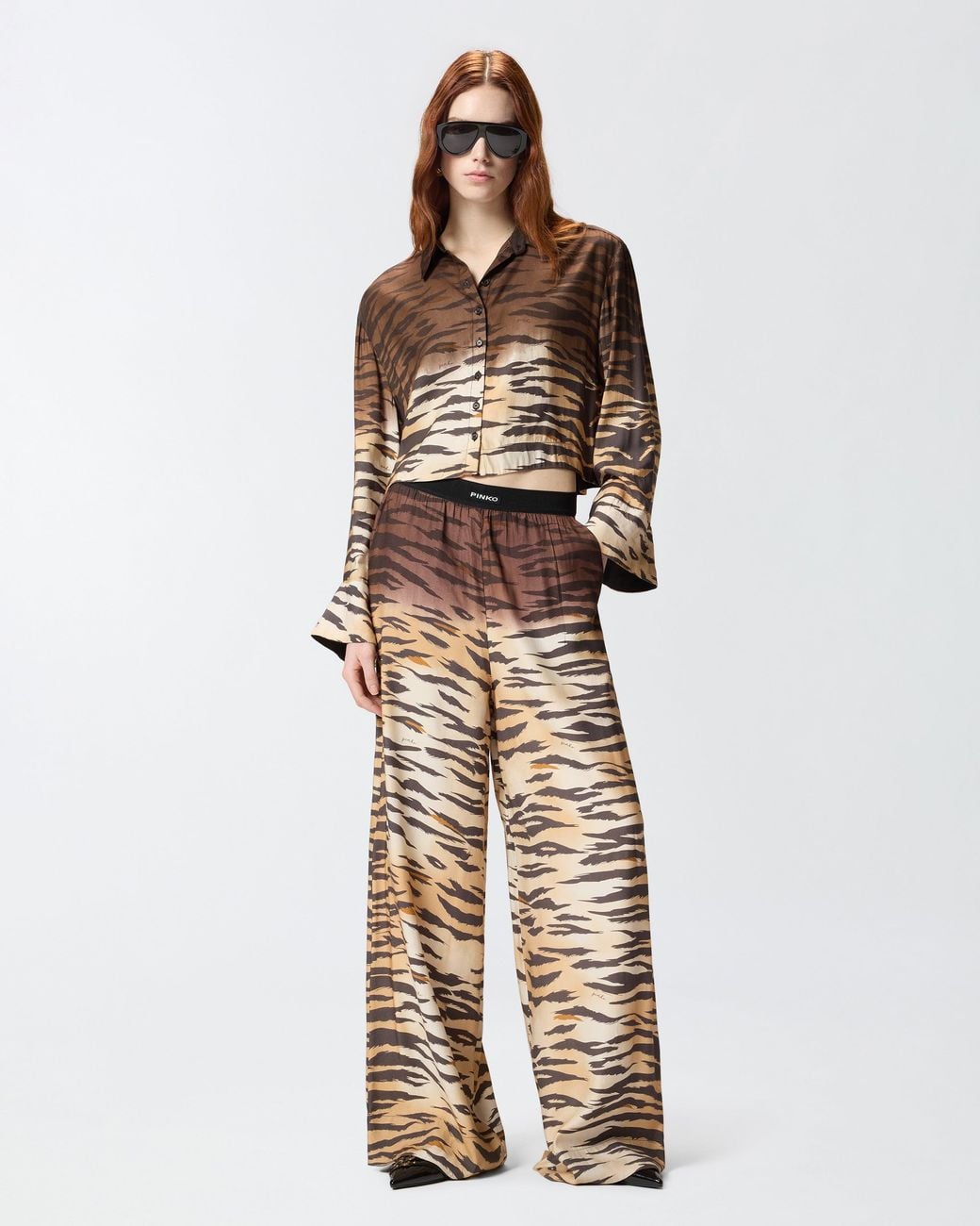 Pinko White Fluid Trousers With Tiger Print