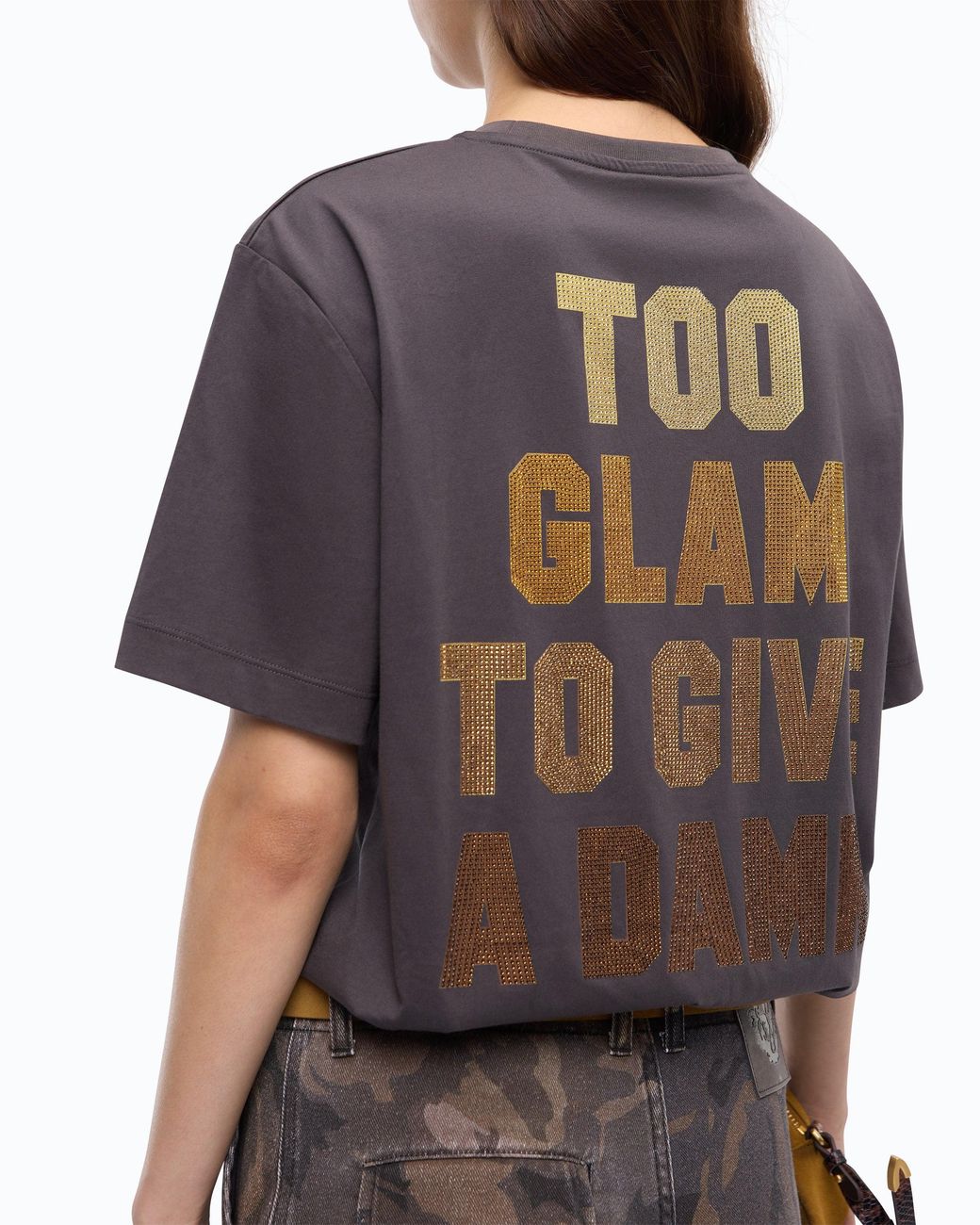 Pinko Blue Too Glam To Give A Damn T-Shirt With Rhinestones
