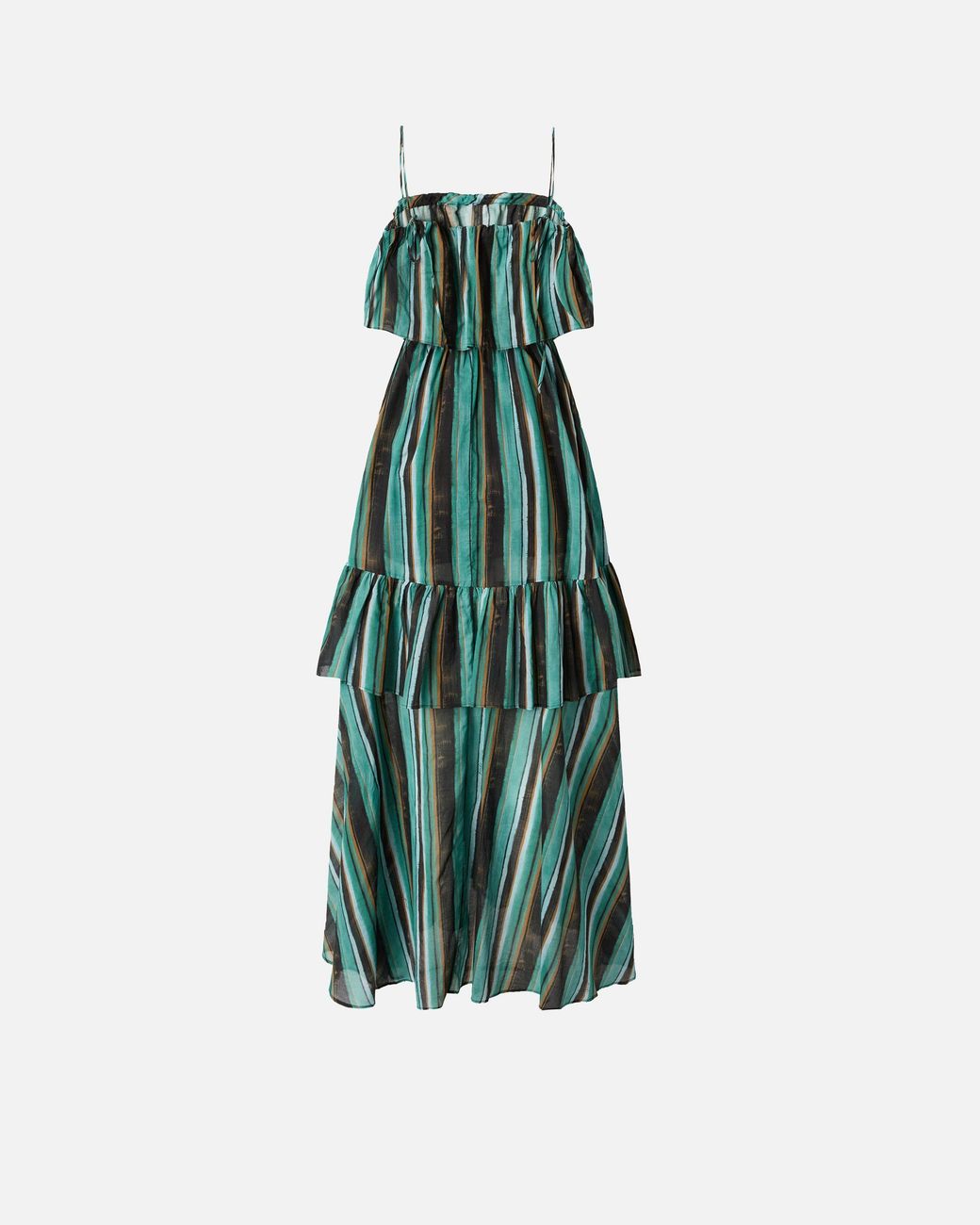 Pinko Green Long Muslin Dress With Brushed Striped Print
