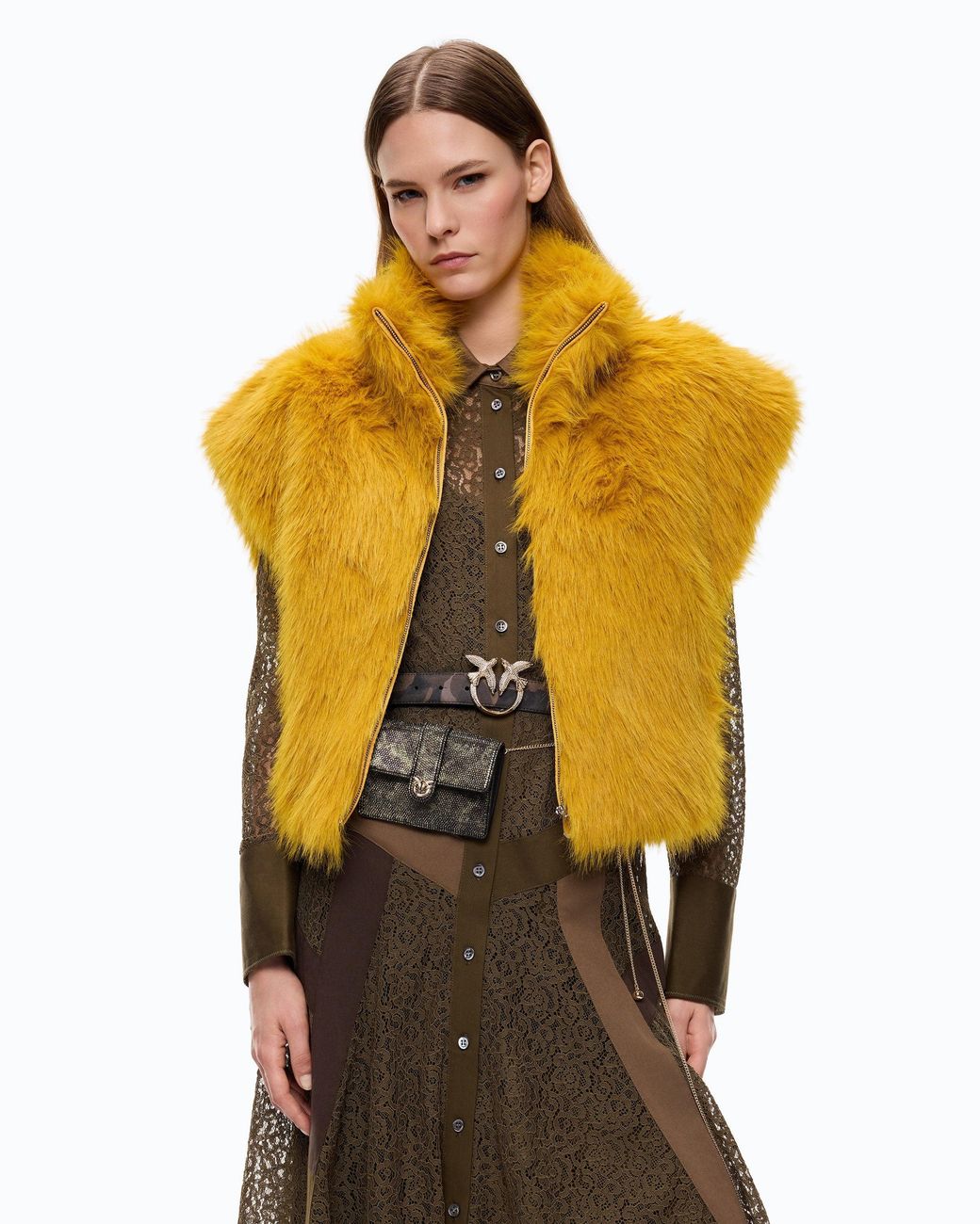 Pinko Yellow Cropped Faux Fur Vest