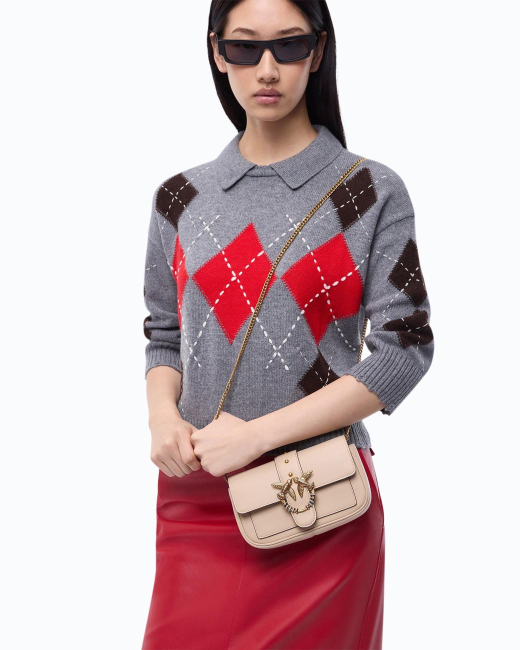 Pinko Natural Love Bag Pocket Small Leather Shoulder Bag With Jewel Buckle